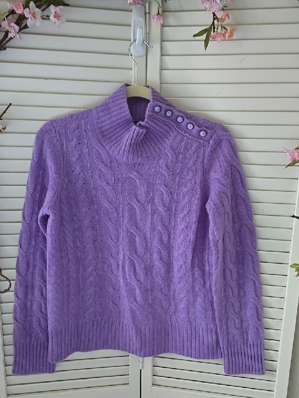 Charter Club Lavender Cable-Knit Mock Neck Sweater with Button-Shoulder Cashmere